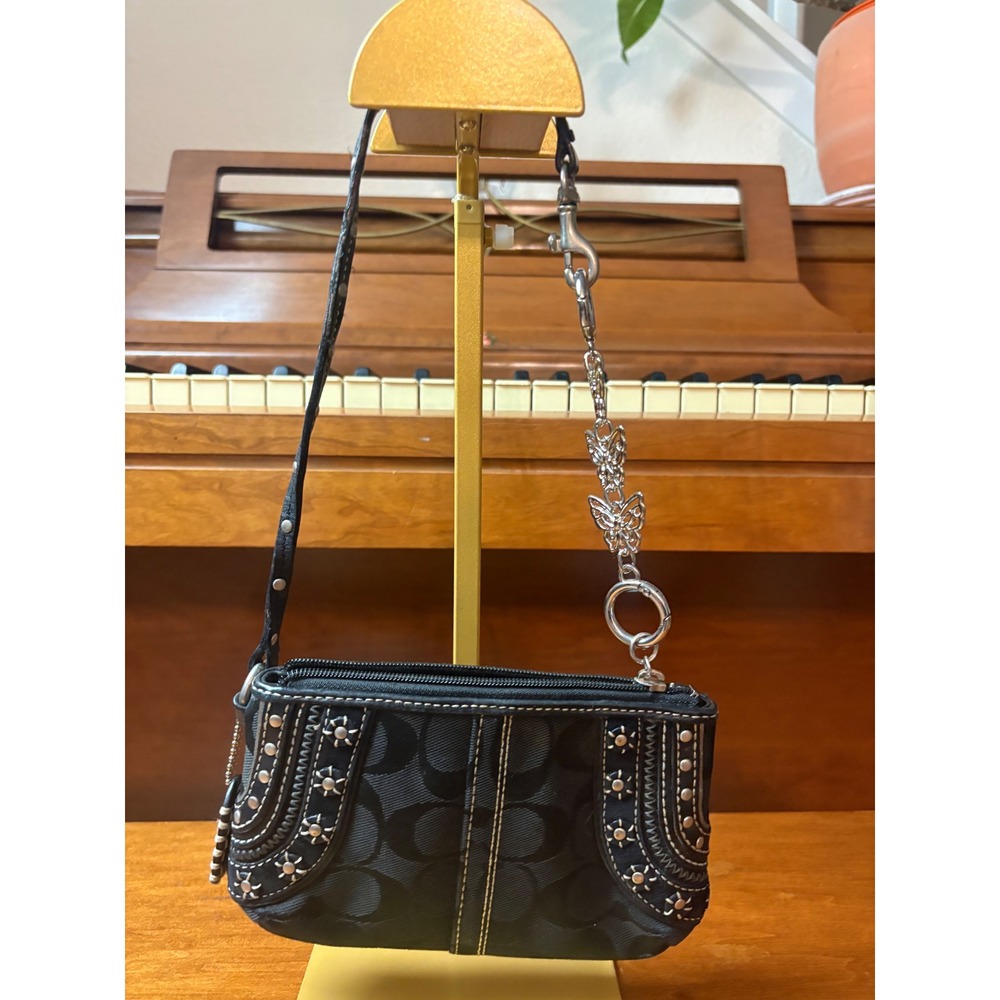 Coach‎ Signature Studded Wristlet Black Canvas Leather Y2K Mini Bag - Picture 2 of 8